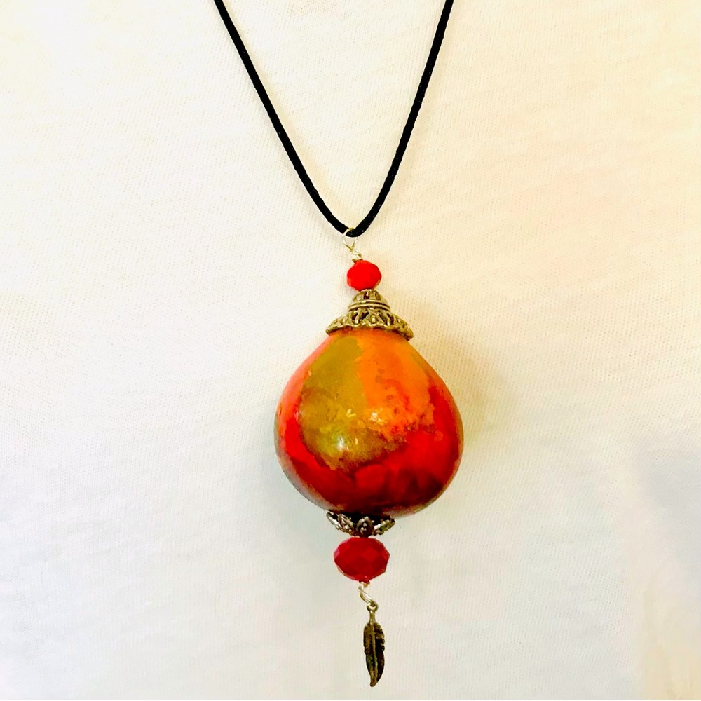 Hand Carved and Painted Hollowed Avocado Seed Statement Necklace